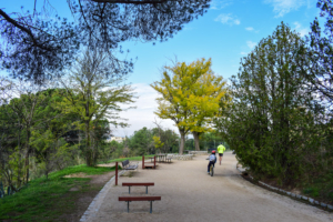 Weg mit Sportgeräten und Picknick-Platz in der Dehesa de la Villa